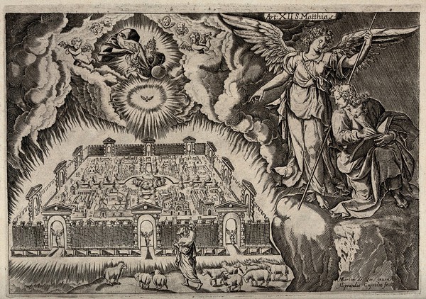 The angel showing Saint John the heavenly Jerusalem. Engraving by A. Caprioli after M. de Vos.