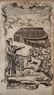 Noah getting animals and men into the ark. Etching by Ciro Tipaldi.