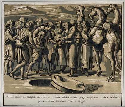 Joseph sold by his brothers. Chiaroscuro woodcut by J. Skippe, 1783, after Raphael.