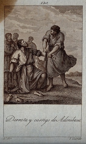 The defeat and mutilation of Adoni-bezek. Engraving by J. Garrido after A. Martinez.