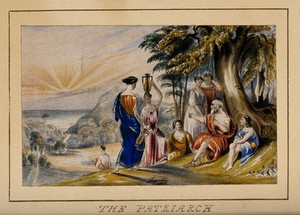 view A patriarch with his family. Coloured chromolithograph after J. Franklin, 1833.