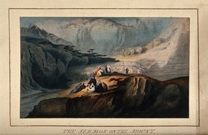 view The sermon on the Mount. Coloured chromolithograph after John Martin, 1832.