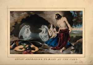 view Saint Mary Magdalene encounters Christ after the Resurrection. Chromolithograph after W. Etty.