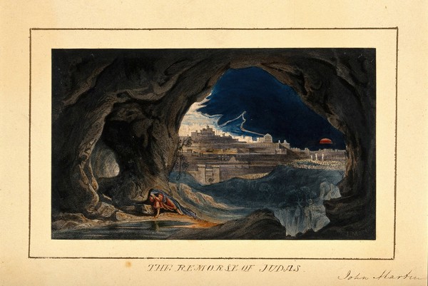 The remorse of Judas. Coloured chromolithograph after J. Martin.