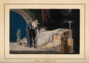 view The atheist, a knight contemplating death at his wife's bed. Coloured chromolithograph after A.B. Clayton.