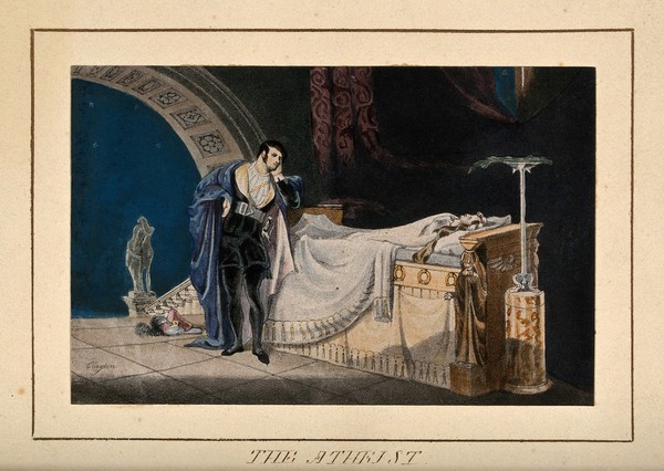 The atheist, a knight contemplating death at his wife's bed. Coloured chromolithograph after A.B. Clayton.