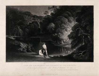 Adam and Eve hearing the judgement of the Almighty. Mezzotint by J. Martin.