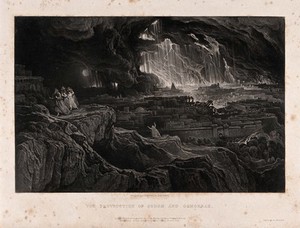 view The destruction of Sodom and Gomorrah. Mezzotint by J. Martin, 1832.