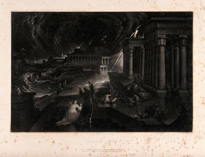 view Moses evokes the seventh plague. Mezzotint by John Martin, 1832.