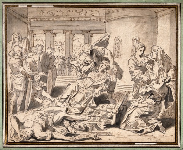 The martyrdom of Saint Agnes. Pen and ink drawing by F. Rosaspina (?) after D. Zampieri, il Domenichino, 1619-21.