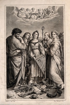 view Saint Cecilia with Saint Paul the Apostle, Saint John the Evangelist, a bishop and Saint Mary Magdalen. Drawing by F. Rosaspina, c. 1830, after Raphael.