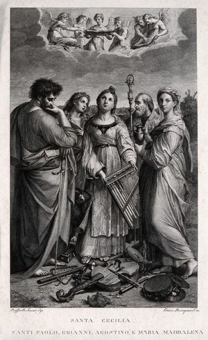 view Saint Cecilia with Saint Paul the Apostle, Saint John the Evangelist, a bishop and Saint Mary Magdalene. Engraving by F. Rosaspina, 1830, after himself after Raphael.