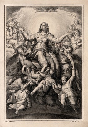 The Virgin Mary is borne upwards to a heaven crowded with angels. Drawing by F. Rosaspina, c. 1830, after L. Sabbatini.