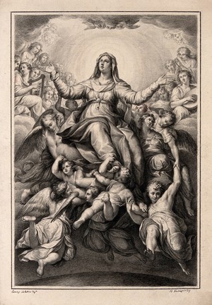 view The Virgin Mary is borne upwards to a heaven crowded with angels. Drawing by F. Rosaspina, c. 1830, after L. Sabbatini.