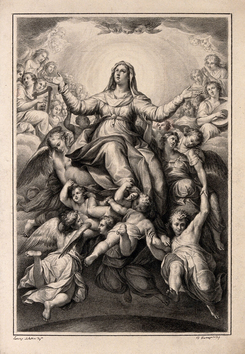 The Virgin Mary is borne upwards to a heaven crowded with angels. Drawing by F. Rosaspina, c. 1830, after L. Sabbatini., by Lorenzo Sabbatini