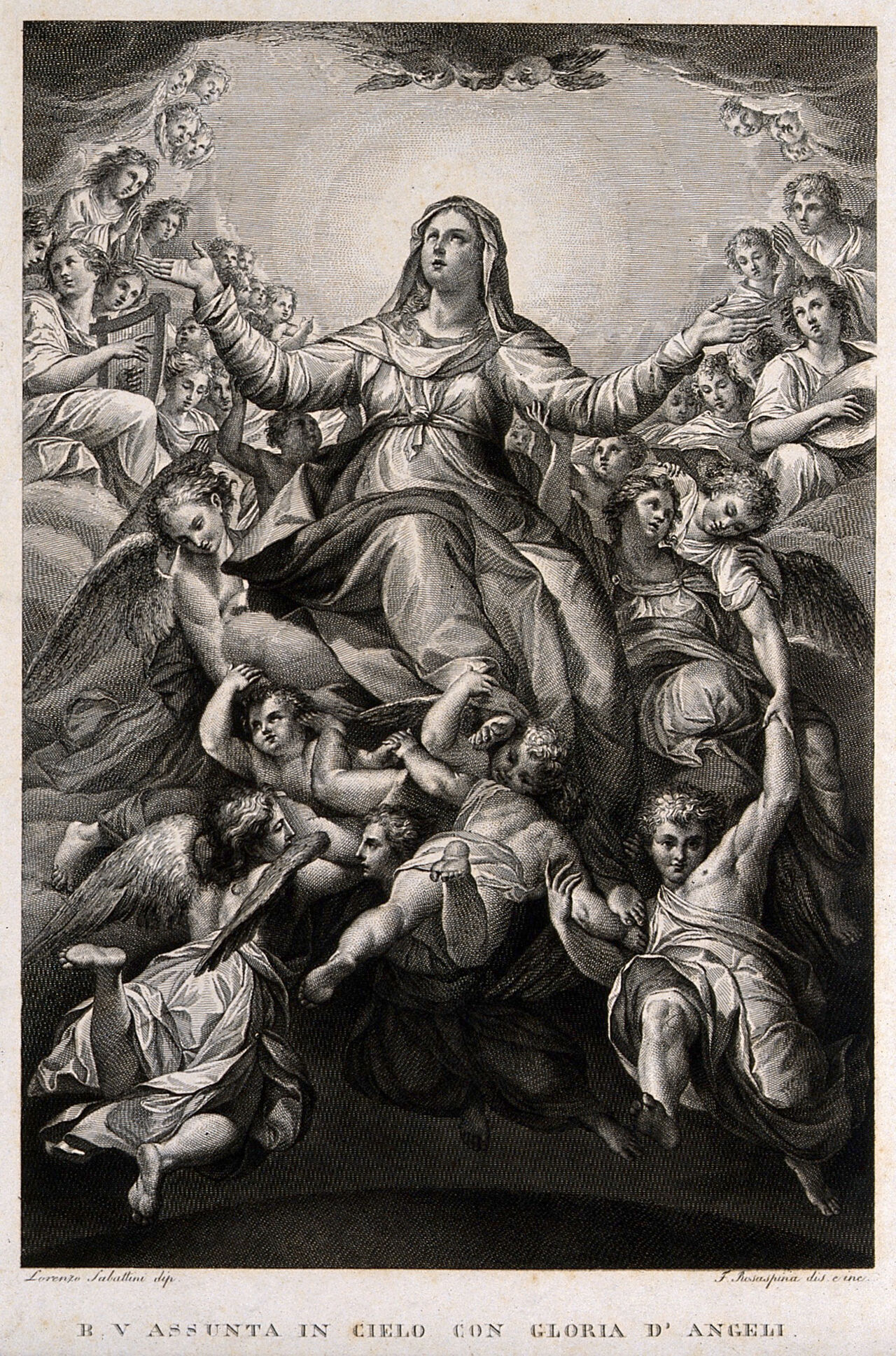 The Virgin Mary is borne upwards to a heaven crowded with angels. Engraving by F. Rosaspina, 1830, after himself after L. Sabbatini., 1830, by Lorenzo Sabbatini