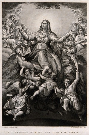 view The Virgin Mary is borne upwards to a heaven crowded with angels. Engraving by F. Rosaspina, 1830, after himself after L. Sabbatini.