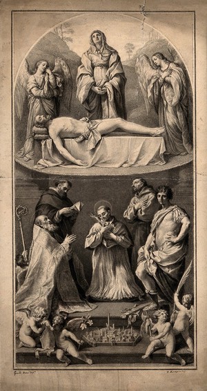 view The dead Christ with the Virgin Mary and angels with Saint Petronius, Saint Dominic, Saint Charles Borromeo, Saint Francis of Assisi and Saint Florian (all patron saints of Bologna) below. Drawing by F. Rosaspina, c. 1830, after G. Reni.