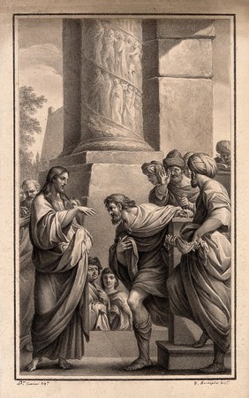 Christ calls Matthew to be among his apostles. Drawing by F. Rosaspina, 1830, after L. Carracci.