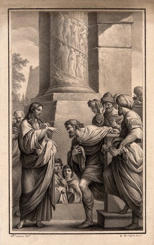 view Christ calls Matthew to be among his apostles. Drawing by F. Rosaspina, 1830, after L. Carracci.