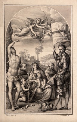 Saint Sebastian with the infant Saint John the Baptist, Saint Francis, Saint Antony of Padua or Saint Bernardino and Saint George. Drawing by F. Rosaspina, c. 1830, after G. Francia.
