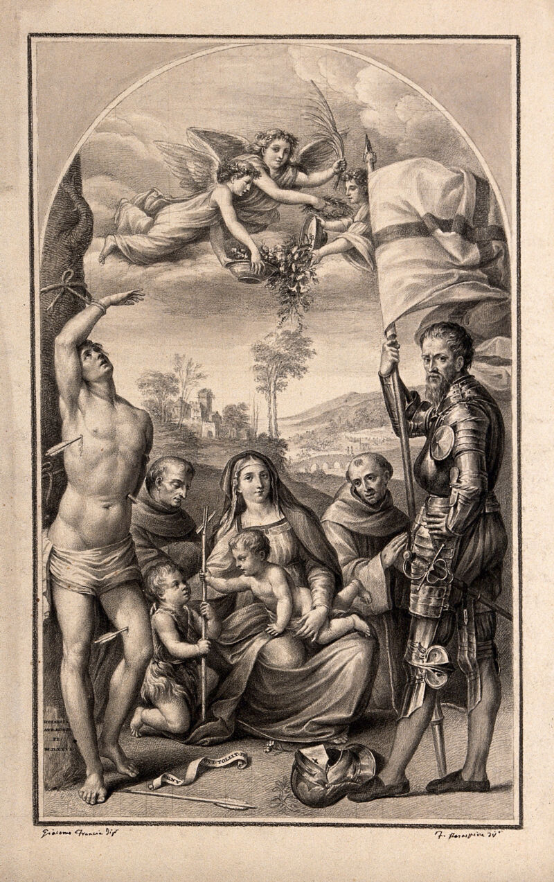Saint Sebastian with the infant Saint John the Baptist, Saint Francis, Saint Antony of Padua or Saint Bernardino and Saint George. Drawing by F. Rosaspina, c. 1830, after G. Francia., by Giacomo Raibolini