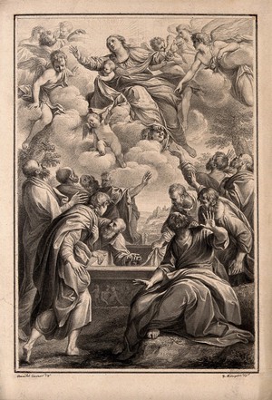view The assumption of Mary (the Blessed Virgin). Drawing by F. Rosaspina, c. 1830, after Annibale Carracci.