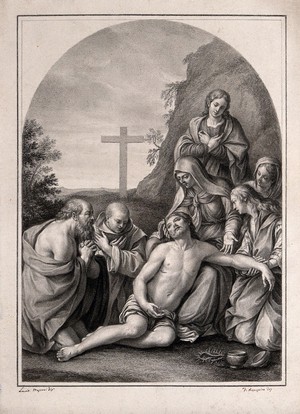 view The deposition of Christ from the cross; the holy women mourn. Drawing by F. Rosaspina, c. 1830, after L. Massari.