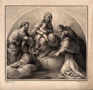 view The Virgin Mary with the Christ Child, Saint Matthew, Saint Carlo Borromeo and Rénier the blessed. Drawing by F. Rosaspina, c. 1830, after A. Tiarini.