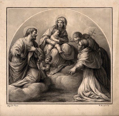 The Virgin Mary with the Christ Child, Saint Matthew, Saint Carlo Borromeo and Rénier the blessed. Drawing by F. Rosaspina, c. 1830, after A. Tiarini.