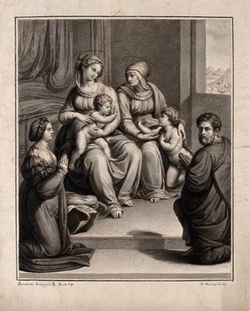 Mary (the Blessed Virgin) with the Christ Child, Saint Elizabeth with Saint John the Baptist and a male and a female donor. Drawing by F. Rosaspina, c. 1830, after I. di P. Francucci.