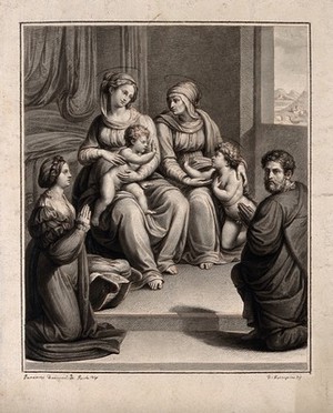 view Mary (the Blessed Virgin) with the Christ Child, Saint Elizabeth with Saint John the Baptist and a male and a female donor. Drawing by F. Rosaspina, c. 1830, after I. di P. Francucci.