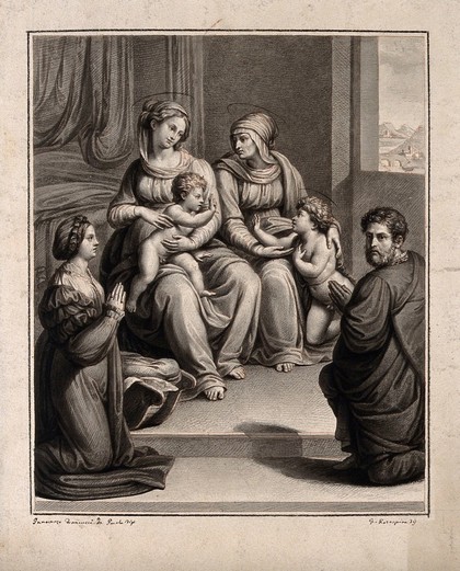 Mary (the Blessed Virgin) with the Christ Child, Saint Elizabeth with Saint John the Baptist and a male and a female donor. Drawing by F. Rosaspina, c. 1830, after I. di P. Francucci.