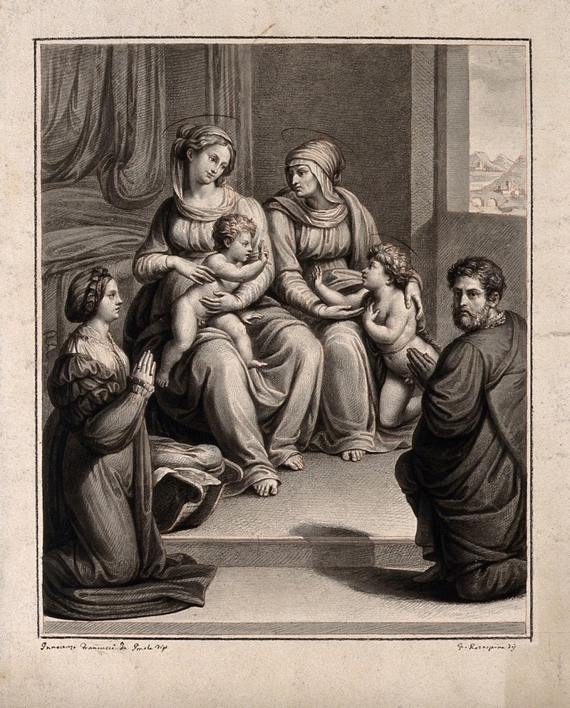 Mary (the Blessed Virgin) with the Christ Child, Saint Elizabeth with Saint John the Baptist and a male and a female donor. Drawing by F. Rosaspina, c. 1830, after I. di P. Francucci., by Innocenzo di Pietro Francucci da Imola