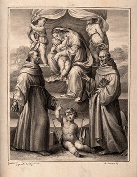 The Virgin Mary with the Christ Child and angels, Saint John the Baptist, Saint Francis of Assisi and Saint Bernadino of Siena. Drawing by F. Rosaspina, c. 1830, after F. Zaganelli di Bosio [Francesco da Cotignola].