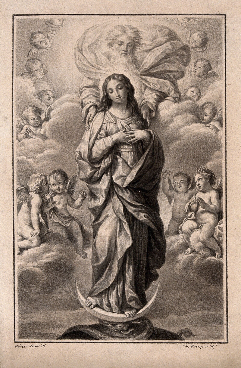The Assumption of the Virgin Mary; God the Father lifts her up by the shoulders. Drawing by F. Rosaspina, c. 1830, after G.A. Sirani., by Giovanni Andrea Sirani