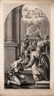 The return of the prodigal son. Drawing by F. Rosaspina, c. 1830, after L. Massari.