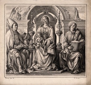 view The Virgin Mary with Saint Petronius and Saint John the Evangelist and a donor. Drawing by F. Rosaspina, c. 1830, after F. Cossa, 1474.