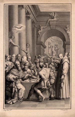 view The supper of Saint Gregory. Drawing by F. Rosaspina, c. 1830, after G. Vasari.