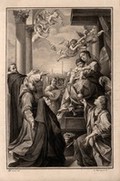 view The Virgin Mary with the Christ Child and angels, with Saint Francis, Saint Dominic, Saint Monica and Saint Mary Magdalene. Drawing by F. Rosaspina, 1830, after L. Carracci.