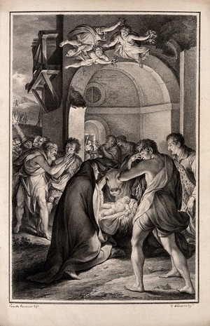 view The shepherds adoring the Christ Child. Drawing by F. Rosaspina, ca. 1830, after C. Procaccini, 1584.