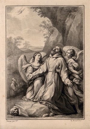 view Saint Francis of Assisi receiving the stigmata. Drawing by F. Rosaspina, 1830, after F.G. Gessi.