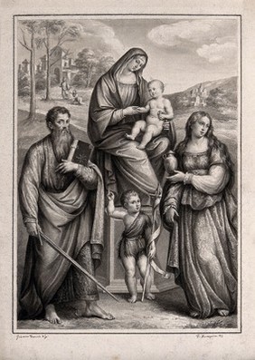 The Virgin Mary with the Christ Child and Saint John the Baptist (as a child), Saint Paul and Saint Mary Magdalene. Drawing by F. Rosaspina, c. 1830, after G. Francia.