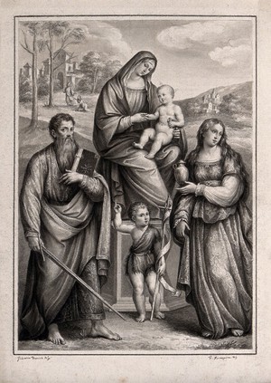 view The Virgin Mary with the Christ Child and Saint John the Baptist (as a child), Saint Paul and Saint Mary Magdalene. Drawing by F. Rosaspina, c. 1830, after G. Francia.