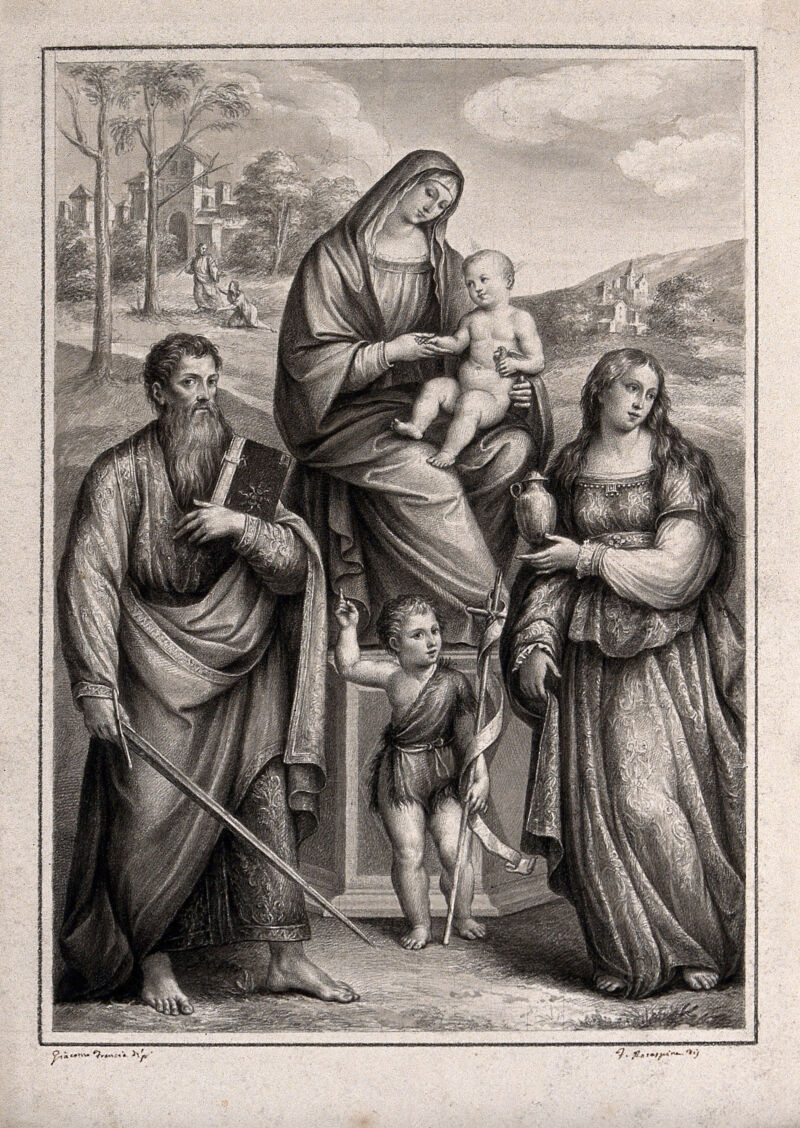 The Virgin Mary with the Christ Child and Saint John the Baptist (as a child), Saint Paul and Saint Mary Magdalene. Drawing by F. Rosaspina, c. 1830, after G. Francia., by Giacomo Raibolini