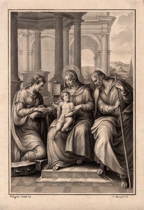 The mystic marriage of Saint Catherine of Alexandria and the infant Christ; the latter sits in the lap of the Virgin Mary, who sits next to Joseph. Drawing by F. Rosaspina, c. 1830, after P. Tibaldi.