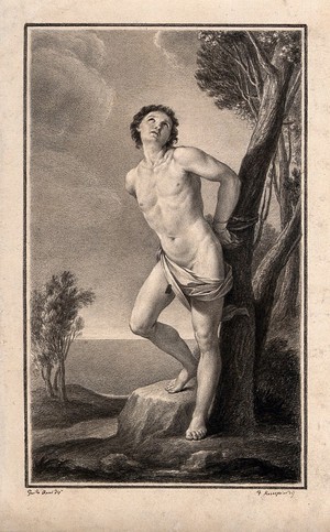 view Saint Sebastian. Drawing by F. Rosaspina, c. 1830, after G. Reni.