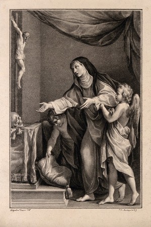 view Saint Catherine of Siena receiving the stigmata. Drawing by F. Rosaspina, c. 1830, after A. Tiarini.