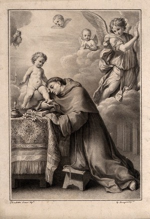 view Saint Antony of Padua with the Christ Child and angels. Drawing by F. Rosaspina, c. 1830, after E. Sirani.