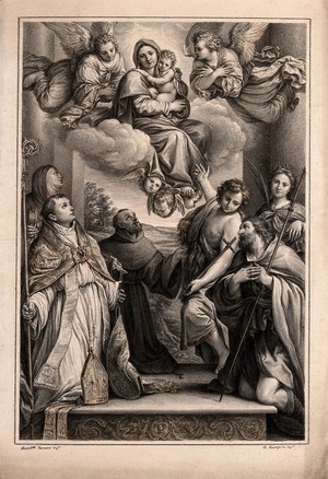 view The Virgin Mary with the Christ Child and angels above; with Saint Louis of Toulouse, Saint Clare, Saint Francis, Saint John the Baptist, Saint Catherine of Alexandria and Saint Alexis below. Drawing by F. Rosaspina, c. 1830, after Annibale Carracci.